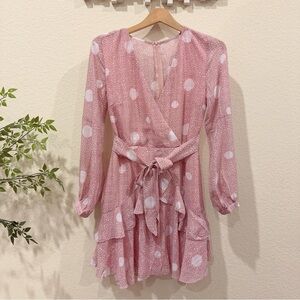J.ING Dusty Pink Dot Long Sleeve Mini Dress with Ruffle OS